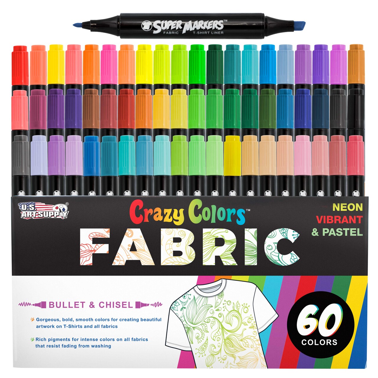 U.S. Art Supply Super Markers 60 Primary, Pastel & Neon Dual Tip Fabric Markers - Fine & Chisel Point Pens Fabric Marker Permanent for Clothes, T-Shirts - Permanent Ink Eye-Catching Colors